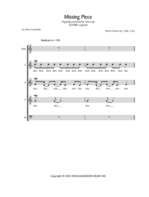 Missing Piece (Arr. Dean Lauderdale) - Vance Joy, Joel Little (Choral, SATB divisi)