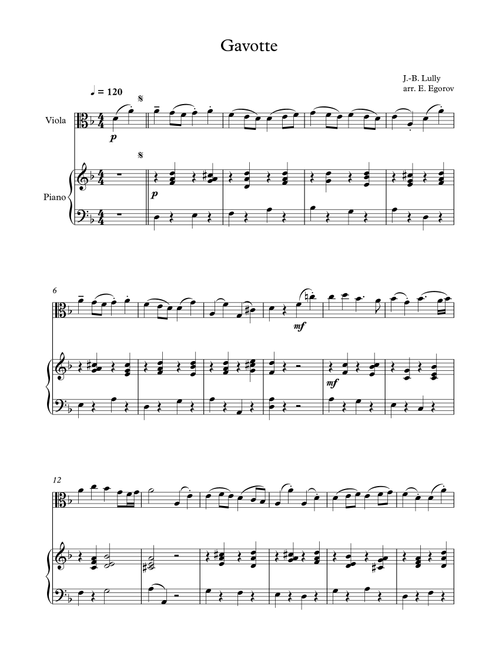 Gavotte, Jean-Baptiste Lully, For Viola & Piano (Arr. Eugene Egorov) (Viola and Piano)