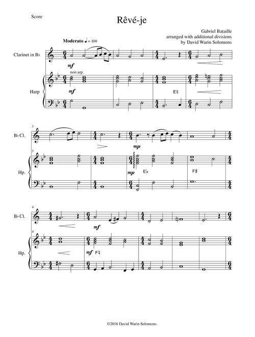 Rêvé-je (Am I Dreaming?) for clarinet (Lower version) and harp (Arr. David Warin Solomons) - Gabriel Bataille (Instrumental Duet)