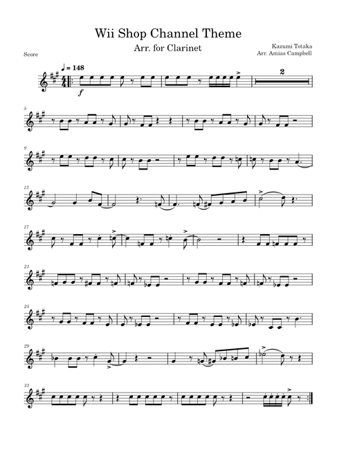 Wii Shop Channel Theme, Arr. for Clarinet