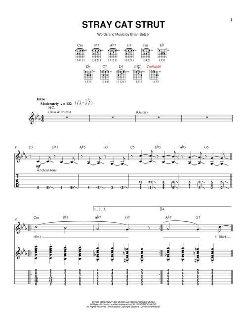 Stray Cat Strut - Stray Cats (Easy Guitar with TAB)