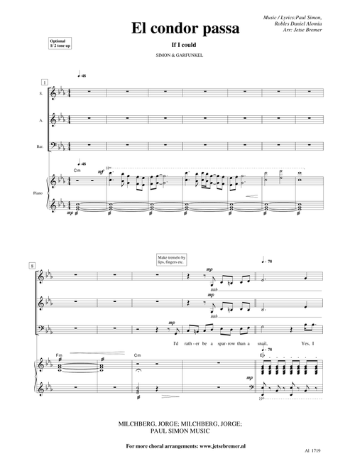 El Condor Pasa (If I Could) (Arr. Jetse Bremer) - Jorge Milchberg, Paul Simon, Daniel Alomia Robles (Choral, SAB)