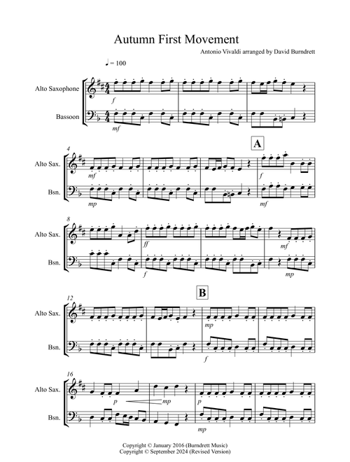 Autumn "Four Seasons" for Alto Saxophone and Bassoon Duet (Arr. David Burndrett) - Antonio Vivaldi (Instrumental Duet)