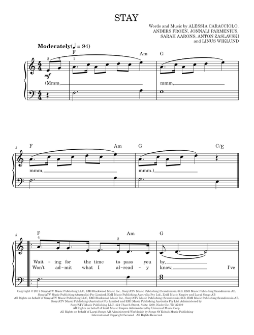 Stay - Alessia Cara feat. Zedd (Easy Piano)