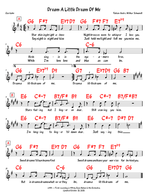 Dream A Little Dream Of Me - Fabian Andre, Wilber Schwandt, Gus Kahn (Lead Sheet)