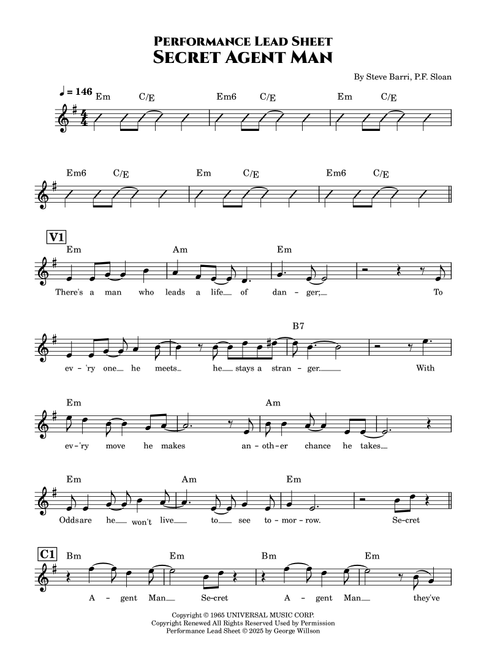 Secret Agent Man (Arr. George Willson) - Johnny Rivers (Lead Sheet - Fake Book)