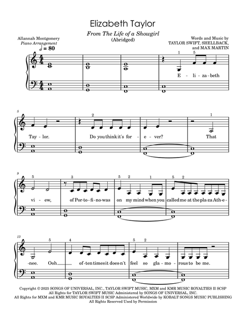 Elizabeth Taylor (Arr. Allannah Montgomery) - Taylor Swift (Easy Piano)