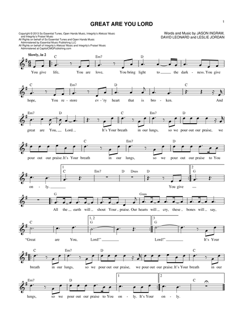 Great Are You Lord - Jason Ingram (Lead Sheet - Fake Book)