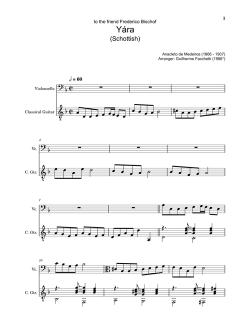 Anacleto de Medeiros - Yára. Arrangement for Cello and Classical Guitar. Score and Separated Parts (Arr. Guilherme Facchetti) (Instrumental Duet)