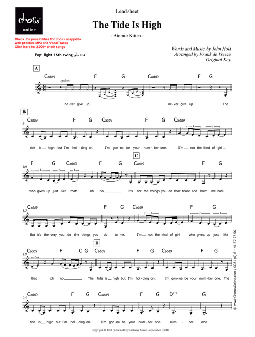 The Tide Is High (Arr. Frank de Vreeze) - Atomic Kitten (Choral, Unison)