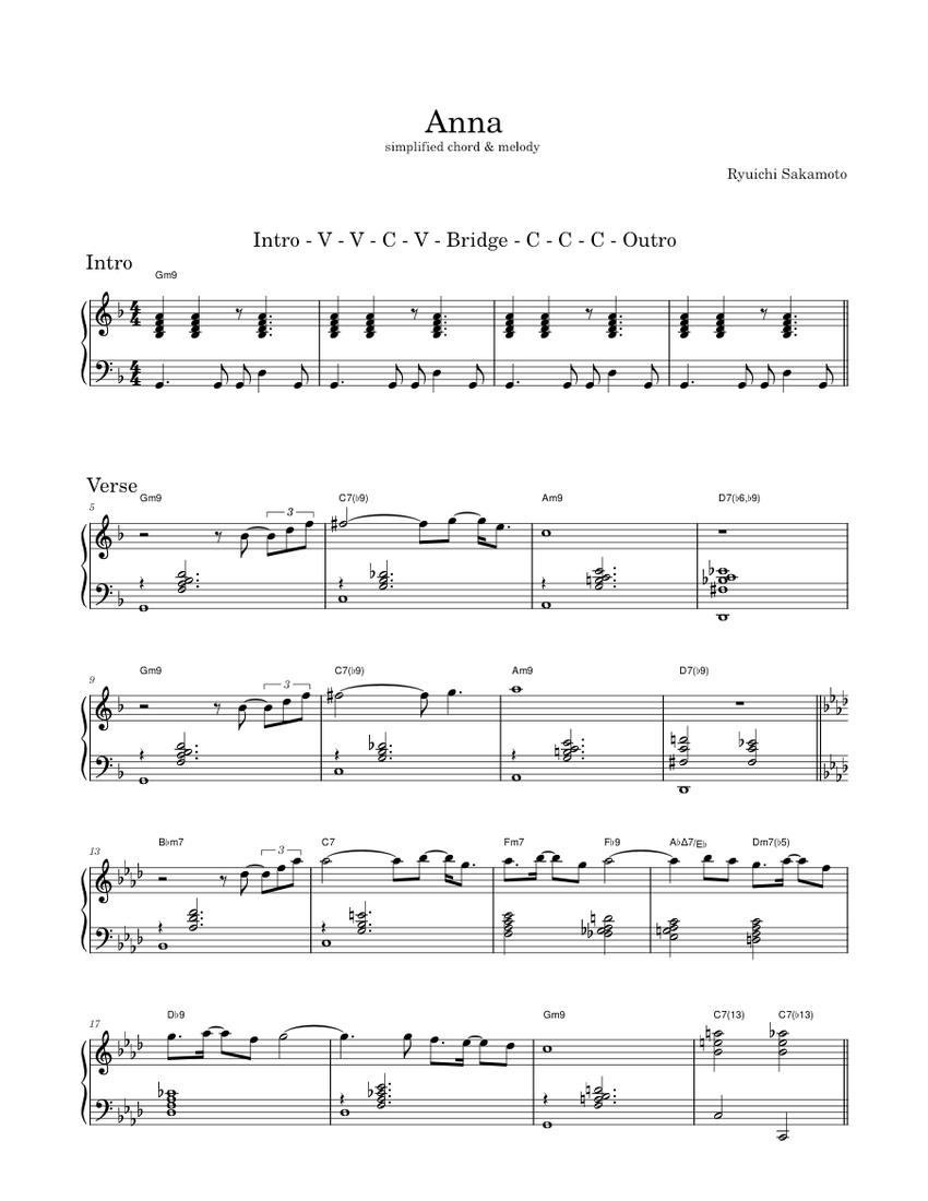 Ryuichi Sakamoto - Anna (chord & melody) Sheet music for