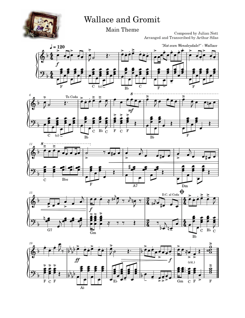 Wallace and Gromit Theme Julian Nott Accordion Solo piano tutorial