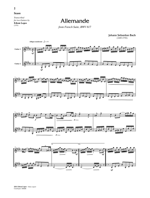 Allemande, BWV 817 (Guitar Duet) (Arr. Edson Lopes) (Guitar Ensemble)