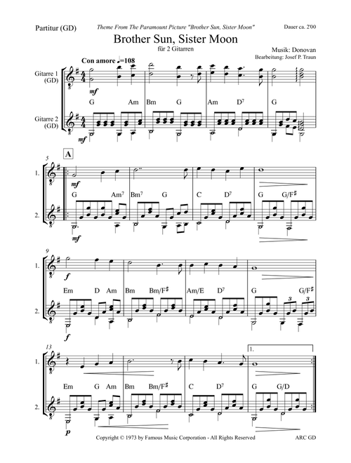 Brother Sun, Sister Moon (Arr. Josef Peter Traun) - Donovan (Instrumental Duet)