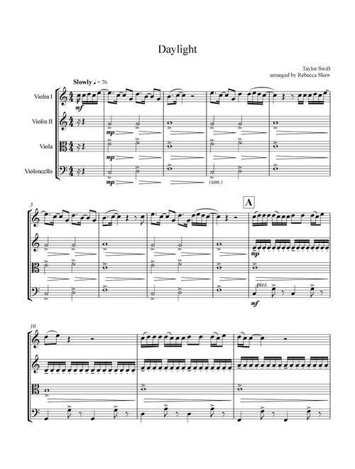 Daylight (Arr. Rebecca Shaw) - Taylor Swift (String Quartet)