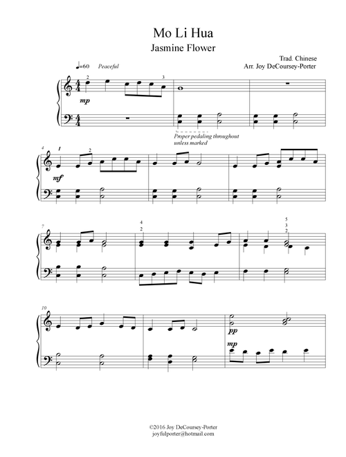 Mo Li Hua (Arr. Joy DeCoursey-Porter) - Traditional Chinese (Piano Solo)