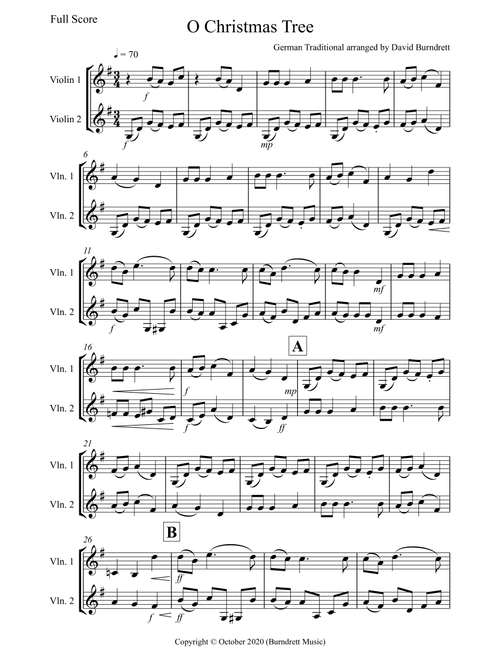 O Christmas Tree for Violin Duet (Arr. David Burndrett) - German Traditional (Violin Duet)