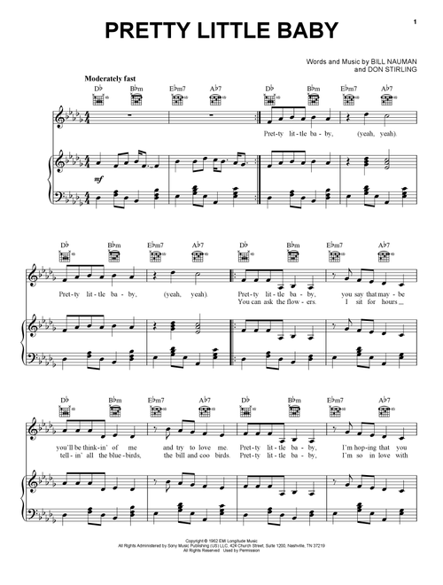 Pretty Little Baby - Connie Francis (Piano-Vocal-Guitar)