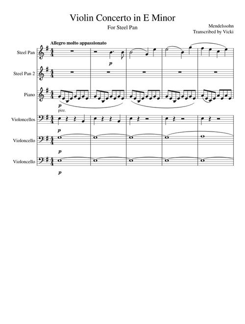 Violin Concerto in E Minor Op. 64 - Adapted for Steel Pan, Piano and Cello