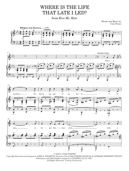 Where Is The Life That Late I Led? (from Kiss Me, Kate) - Cole Porter, Kiss Me, Kate Musical (Piano Vocal)
