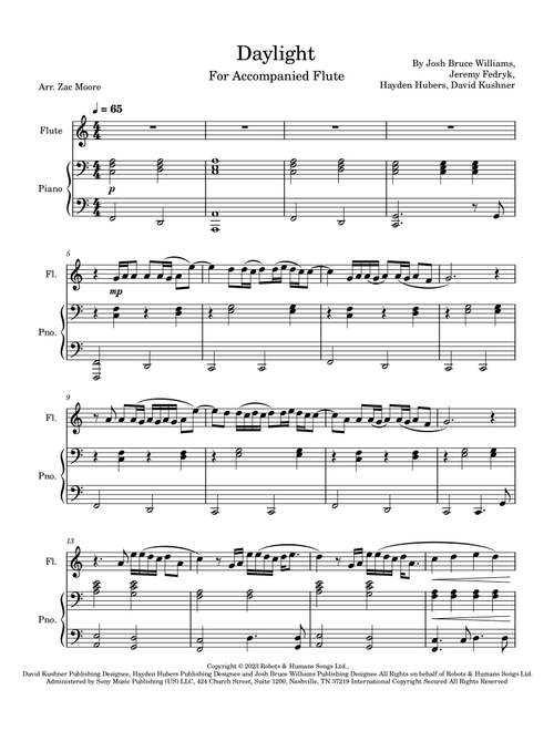 Daylight (Arr. Zac Moore) - David Kushner (Flute and Piano)