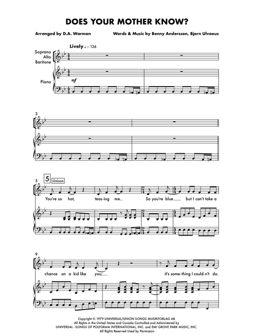 Does Your Mother Know (Arr. D.A. Warman) - ABBA (Choral, SAB)