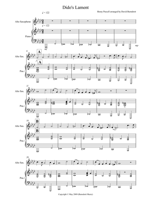 Dido's Lament for Alto Saxophone and Piano (Arr. David Burndrett) - Henry Purcell (Instrumental Solo (with Piano Accompaniment))