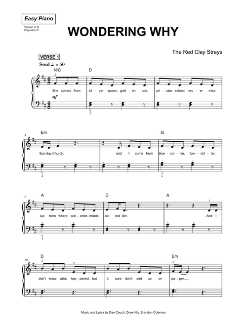 Wondering Why - The Red Clay Strays (Easy Piano)