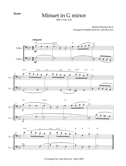 Minuet in G minor BWV anh 115 (Bach) 2 Cellos chords (Arr. Cadu Barcelos) - Johann Sebastian Bach (Cello Duet)
