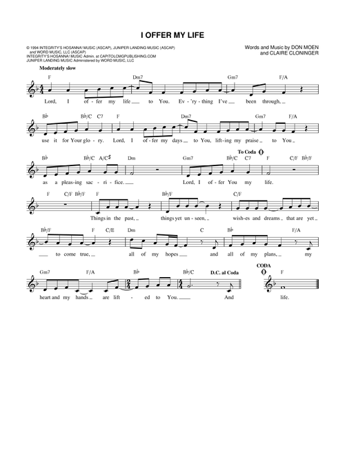 I Offer My Life - Don Moen (Lead Sheet - Fake Book)