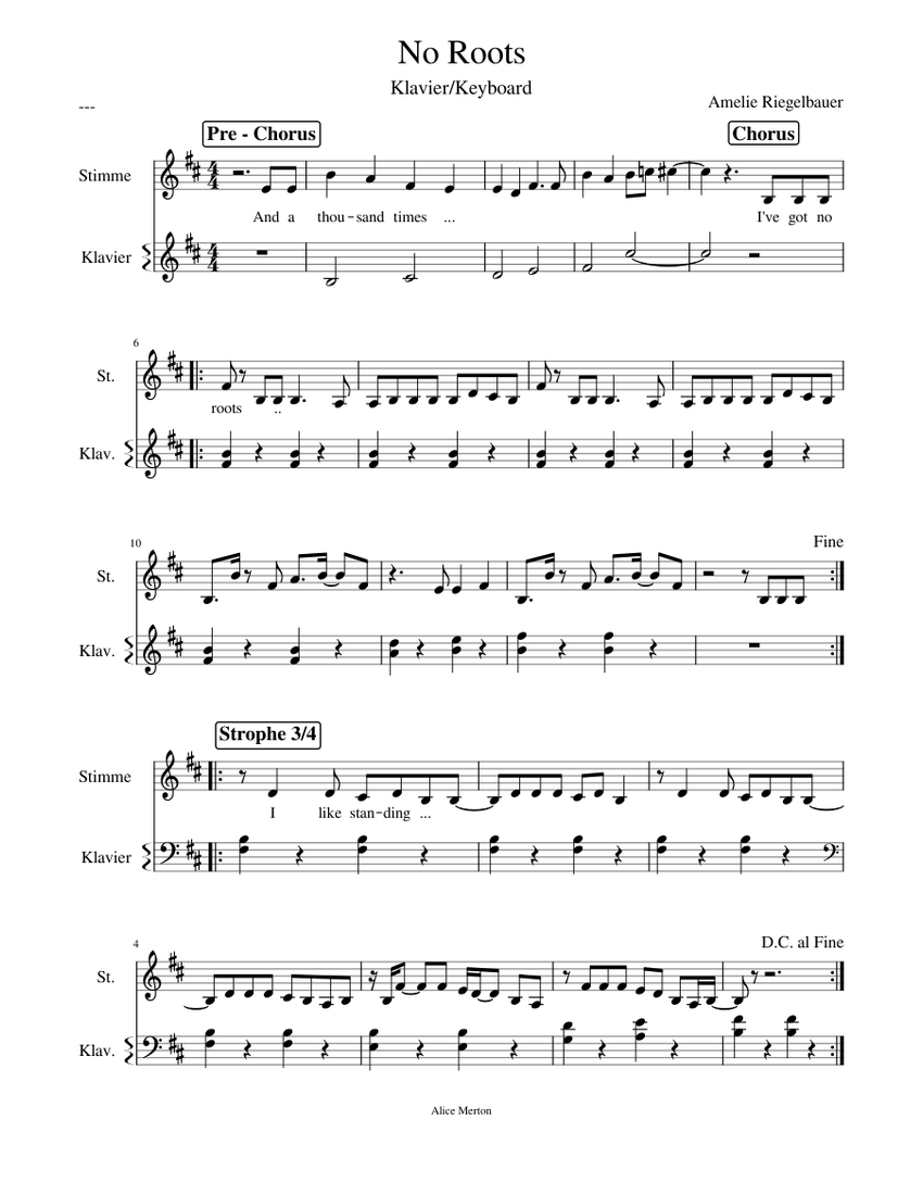 No Roots Klavier Keyboard Sheet Music for Piano, Vocals (Solo ...