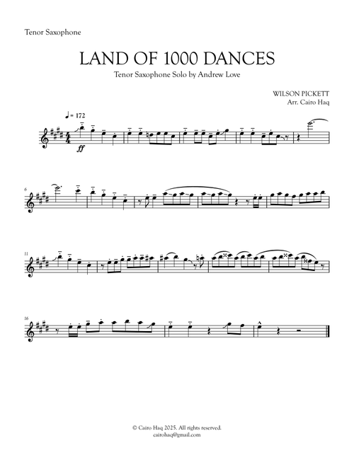 Land of 1000 Dances - Tenor Saxophone Solo (Arr. Cairo Haq) - Wilson Pickett (Lead Sheet - Fake Book)