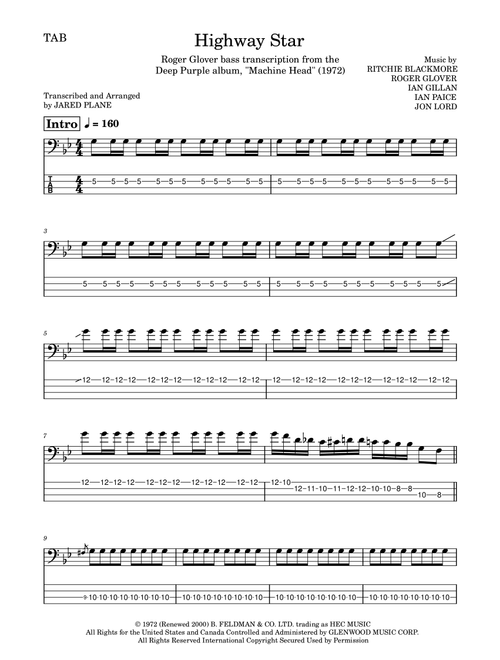 Highway Star (Arr. Jared Plane) - Deep Purple (Bass Tab)