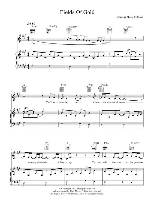 Fields Of Gold - Eva Cassidy (Piano-Vocal-Guitar (Piano Accompaniment))