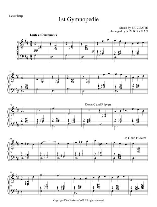 Gymnopedie 1 (arranged for lever harp - minimum changes) (Arr. Kim Kirkman) - Eric Satie (Harp)