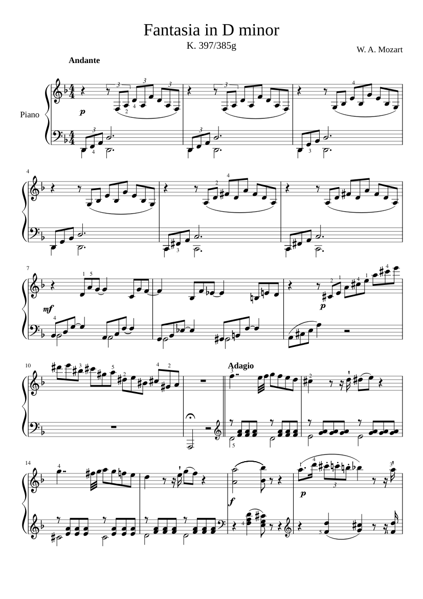 Teleférico Propuesta Fuera de Fantasia in D Minor K.397 Sheet music for Piano (Solo) | Musescore.com