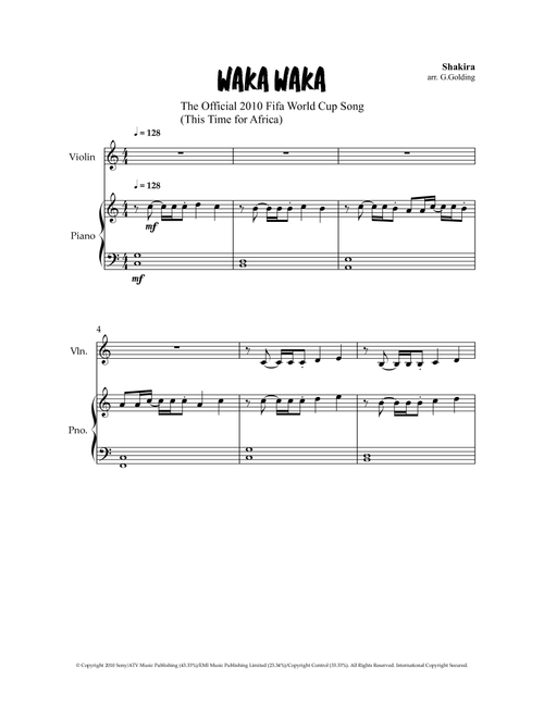 Waka Waka (This Time For Africa) (Arr. Grant Golding) - Shakira (Violin and Piano)