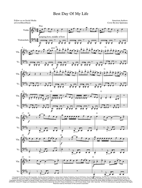 Best Day Of My Life (Arr. Jose Quintana) - American Authors (Instrumental Duet)