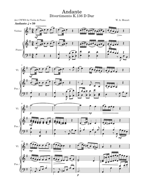Andante Divertimento K136 arr Violin Piano  - WA Mozart