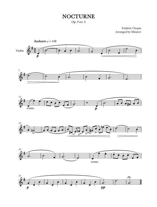 Chopin Nocturne op. 9 no. 2 | Violin | G Major | Easy beginner (Arr. Milanov) - Frédéric Chopin (Violin Solo)