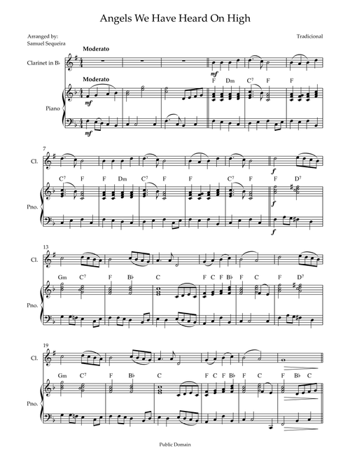 Angels We Have Heard On High - for Clarinet in Bb - with Piano Play along (Arr. Samuel Sequeira) - Unknown composer (Clarinet and Piano)