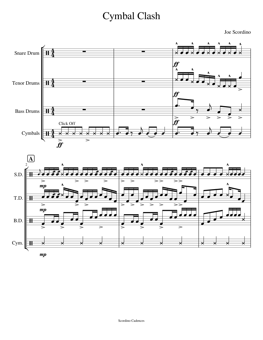 Cymbal Clash Sheet Music for Snare drum, Crash, Tenor drum, Bass