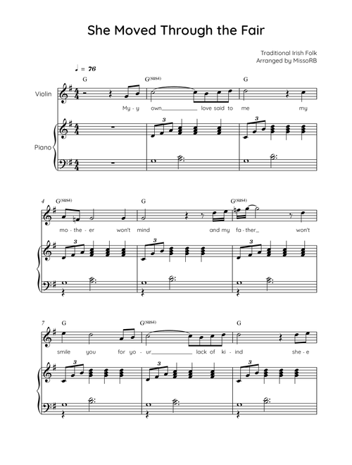 She Moved Through the Fair - Violin with Piano in G with Chords and Lyrics - Easy (Arr. MissoRB) - Traditional Irish Folk Song (Violin and Piano)