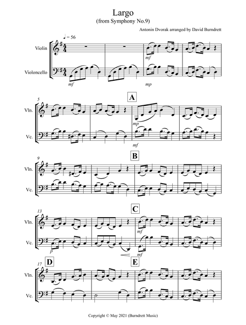 Largo (from the New World) for Violin and Cello Duet (Arr. David Burndrett) - Antonin Dvorak (Instrumental Duet)