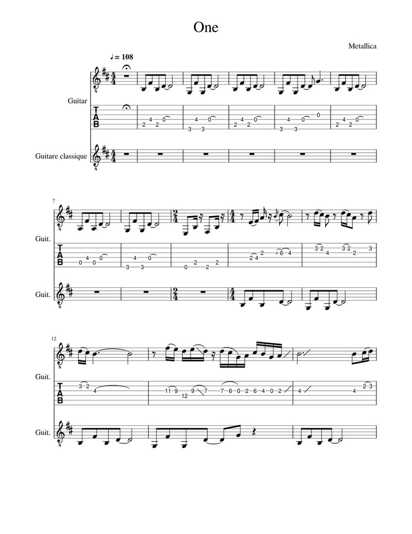 Metallica One Sheet music for Guitar String Ensemble Musescore