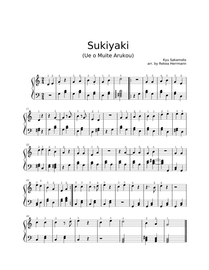 Sukiyaki Kyu Sakamoto Sukiyaki Ue o Muite Arukou Sheet music for Piano (Solo)