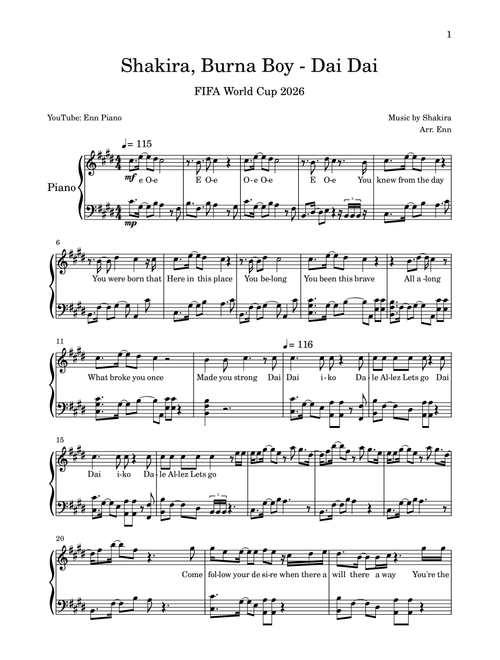Dai Dai - Shakira, Burna Boy piano solo (Arr. Enn) - Shakira/ Burna Boy (Piano Solo)