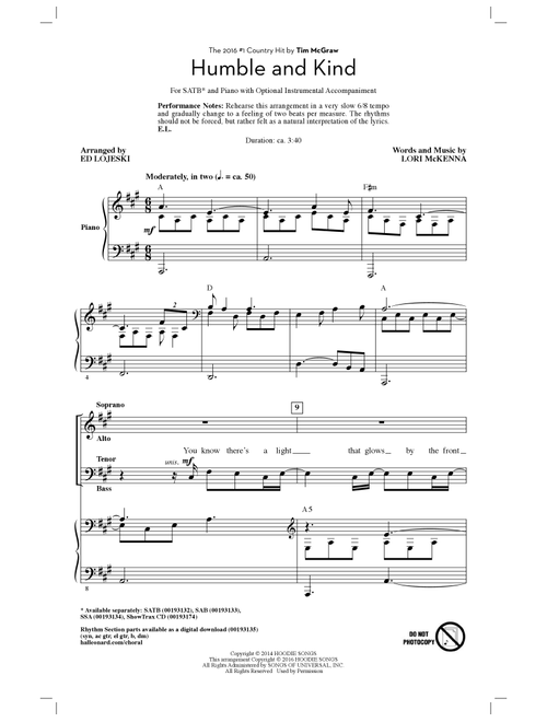 Humble And Kind (Arr. Ed Lojeski) - Tim McGraw (Choral, SATB)