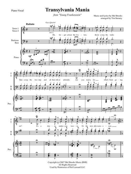 Transylvania Mania from YOUNG FRANKENSTEIN (Arr. Tim Sarsany) - Mel Brooks (Choral, SATB)