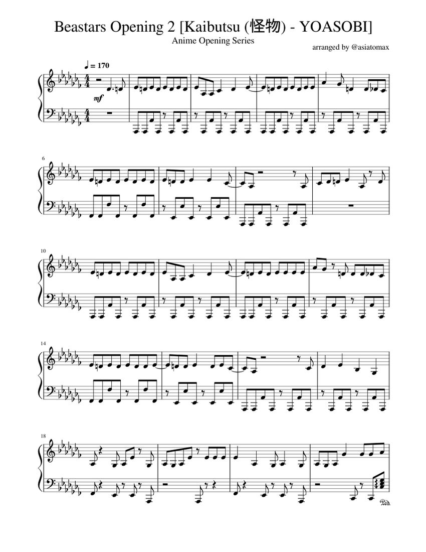 llica,MasterOfPuppets,bandscore楽譜 Beastars - Wolf and Rabbit (Piano cover) Sheet Music for